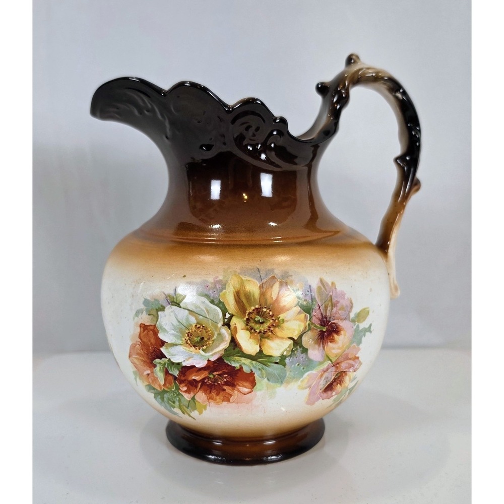 Antique K.T. & K. Co. Semi-Vitreous Porcelain Pitcher Brown & Cream Ombre Floral